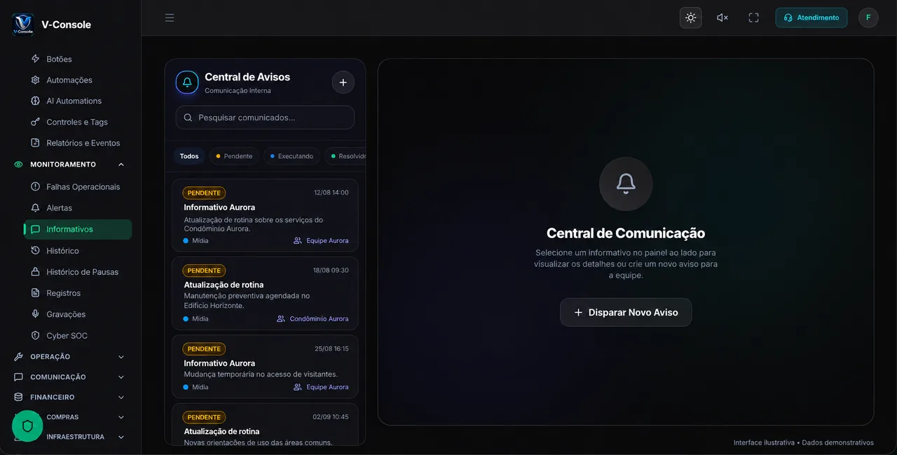 Central de avisos do V-Console com dados demonstrativos